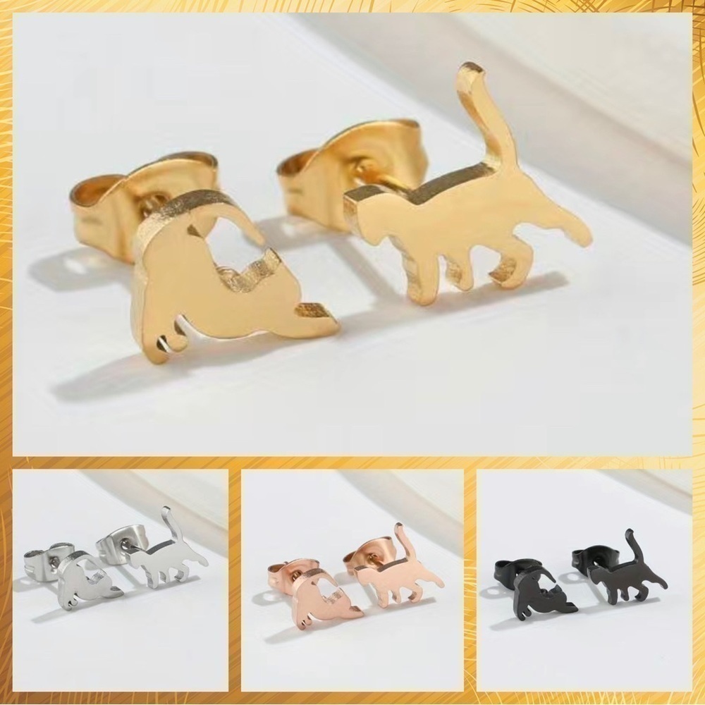 Playful Cats Stainless Steel Stud Small Earrings #1409 (Color: gold)